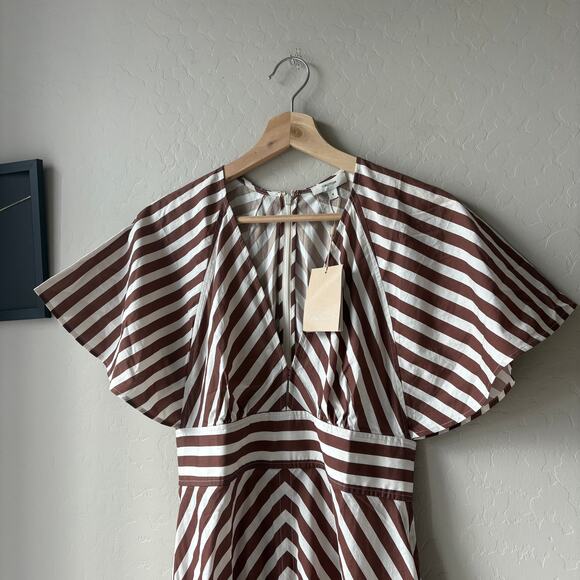 NEW Oroton Dress‎ Striped V-Neck Flutter Sleeve Midi Dress Brown White Size 8 - Picture 3 of 10